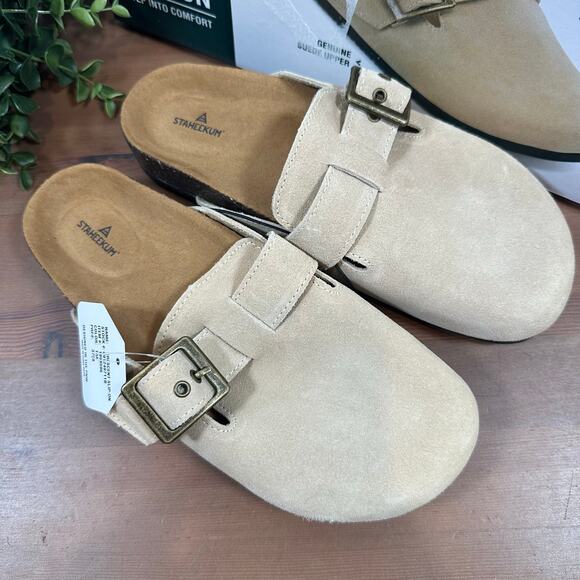 Staheekum Women's Crescent Slip On Tan Suede Buckle Clogs Size 6 - Picture 1 of 8